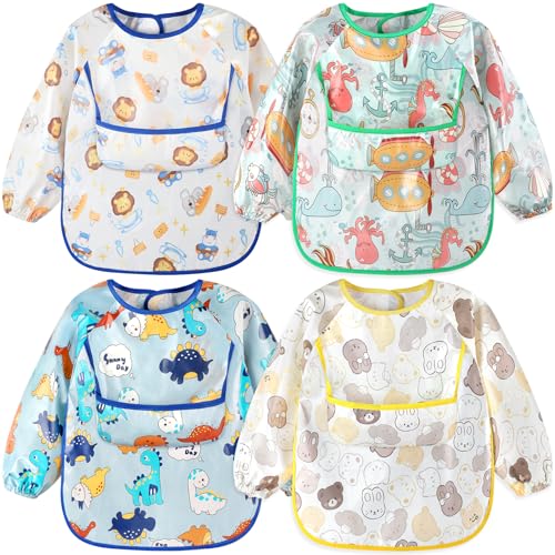 Image of Accmor 4 Pack Long Sleeve Baby Bibs, Waterproof Sleeved Bibs for Eating Feeding, Toddler Baby Girls Boys Smock Bibs