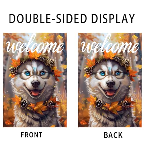 Image of Nuxovilar 12x18 inch Husky Dog Autumn Leaf Wreath Flag