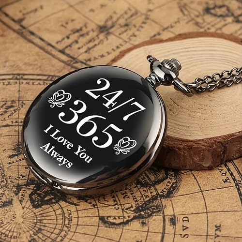 Image of Vintage Gandhi Style Pocket Watch with Engraved Designs & Messages Royal Black Analog for Men Women & Kids Includes Key Ring for car or Bike Keys Ideal Gift