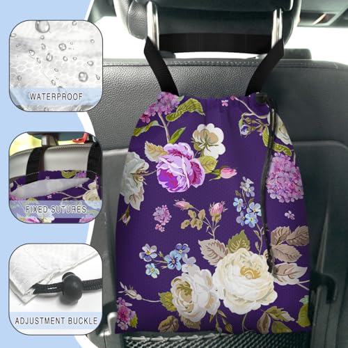 Image of Car Trash Bag Hanging Back of Seat Waterproof Small Cute Printed One-Handed Strap Drawstring Garbage Bags for Car-Purple Floral