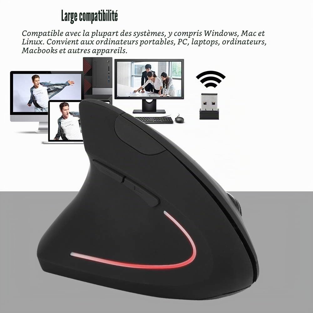 Souris pour gaucher, Souris Optique Ergonomique Verticale sans Fil USB 2,4 GHz pour Ordinateur Portable