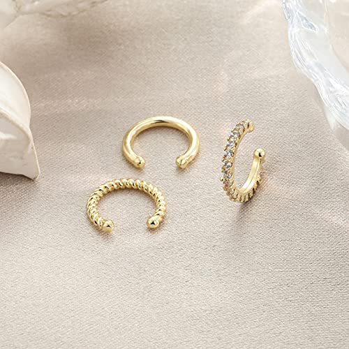 Atcarmor 3Pcs 14K Gold Plated Cubic Zirconia Ear Cuffs For Non Pierced Ears Women, Hypoallergenic Sparkling Round Huggie Cartilage Earring Jewelry Gifts (Gold) #TOP5