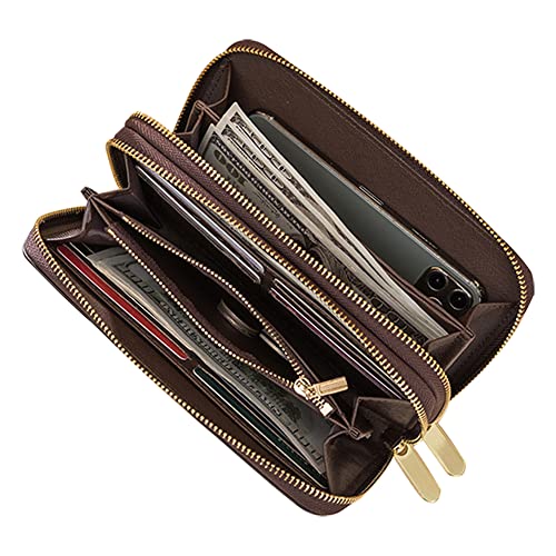 Veki Women's Wallet Double Zipper Pocket Wallets with Wrist Strap, Leather Credit Card Purse for Women Men (Brown)2