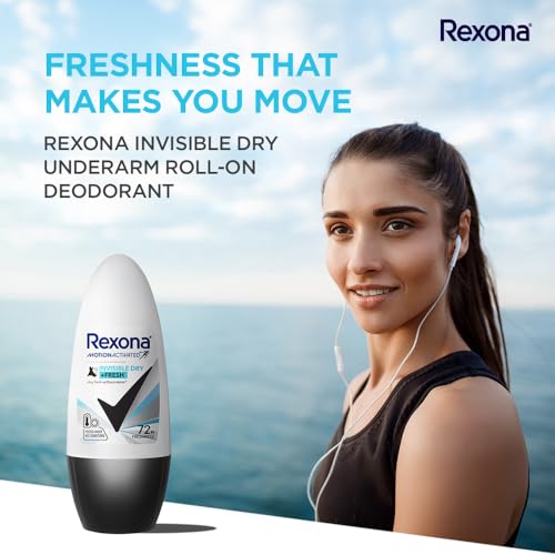 Image of Rexona Invisible Dry + Fresh Roll-On Deodorant for Women | 72-Hour Freshness | No Stains | Alcohol-Free & Gentle on Skin | 45 ML