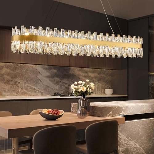 TMAFON Modern Brass Gold Crystal Chandelier, Rectangle K9 Crystal Raindrop