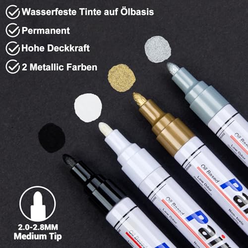 AOSUCO Permanent Marker Wasserfest Stifte, 4 Farben Lackstift Glasmalstifte 2-2,8 mm mittlere Spitze Permanentmarker für Steine Bemalen, Glas, Kunststoff, Metall, Holz, Keramik, Tassen, Reifen