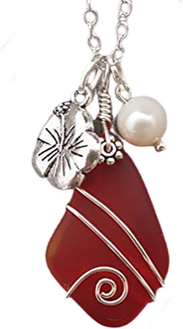 yinahawaii Handmade Hawaiian Sea Glass Necklace, Wire Ruby Red Necklace, Hibiscus Pearl Necklace, Unique Sea Glass Jewelry For Women Birthday Gift For Girls(July Birthstone Jewelry)