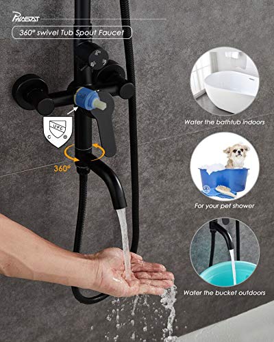 PHASAT Outdoor Shower Fixtures Matte Black,Lead-Free SUS 304 Stainless Steel Bathroom Faucet Set,Wall Mounted Exposed Shower System,3-Function,CT8323