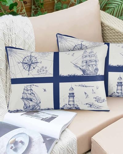 Boanket Lumbar Pillow Covers 12 x 20 in, Navy Blue Nautical Waterproof Throw Pillow Cover Set of 2, Coastal Summer Beach Ocean Seaside Home Decorative Rectangle Cushion Covers for Patio/Couch/Garden