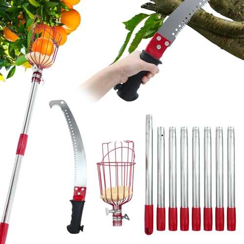 Branch Saw with Handle 3.2m,Telescopic,Adjustable Length 3-in-1 Hand Saw Telescopic Pole,and Fruit Picker for Cutting High Branches and Fruit Grabber,Garden Tool Set
