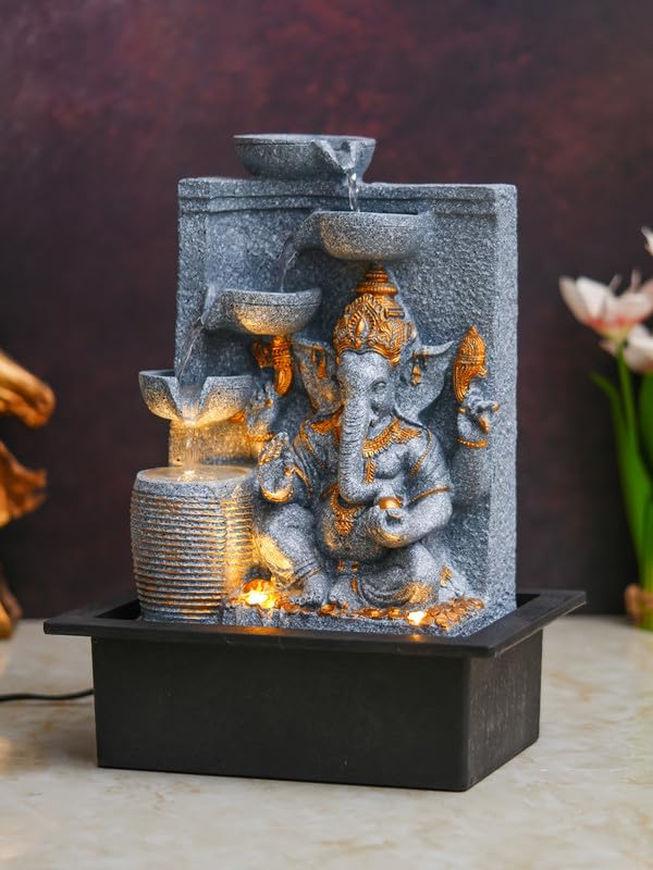 Image of Polyresin Grey Ganesha Idol Tabletop Indoor 4 Diya Steps Water Fountain for Home Decor with Yellow LED Light & Water Flow Controller Pump (Size: 39 x 29.5 x 22CM | Wt: 2195grm)