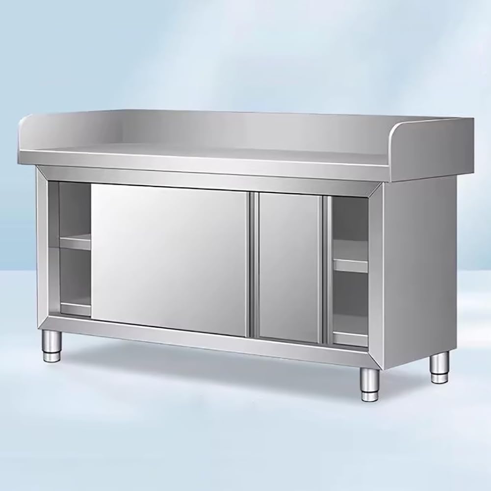 Stazione di Preparazione del Cibo da Cucina in Acciaio Inossidabile per Esterni, Tavolo in Metallo Resistente Indipendente con Armadietti E Paraschizzi su Tre Lati,L150xw60xh80cm