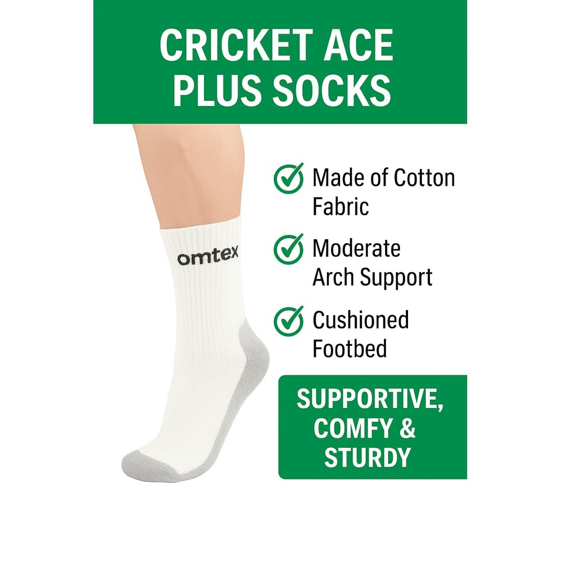 omtex Cricket ACE Plus Calf Length Socks for Men & Boys | Cotton Blend Fabric | Sweat Absorbent, Breathable, Elastic Grip, Durable Sports Socks | Free Size | Off-White | Pack of 1 3