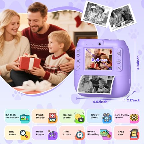 Hangrui Kids Camera Instant Print,2.4'' Instant Print Camera for Kids with 32GB Card & 3 Rolls Photo Paper, Selfie Children's Cameras Christmas Birthday Gifts for 3 4 5 6 7 8 9 Year Old Girls-Purple - Image 3