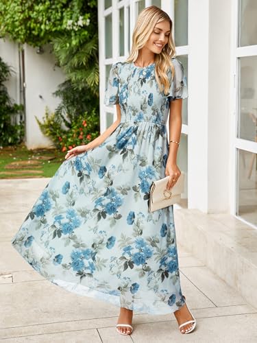 Image of Simplee Womens Casual Floral Summer Maxi Dress 2026 Boho Flowy Short Sleeve Crew Neck Vacation Smocked Chiffon Dresses
