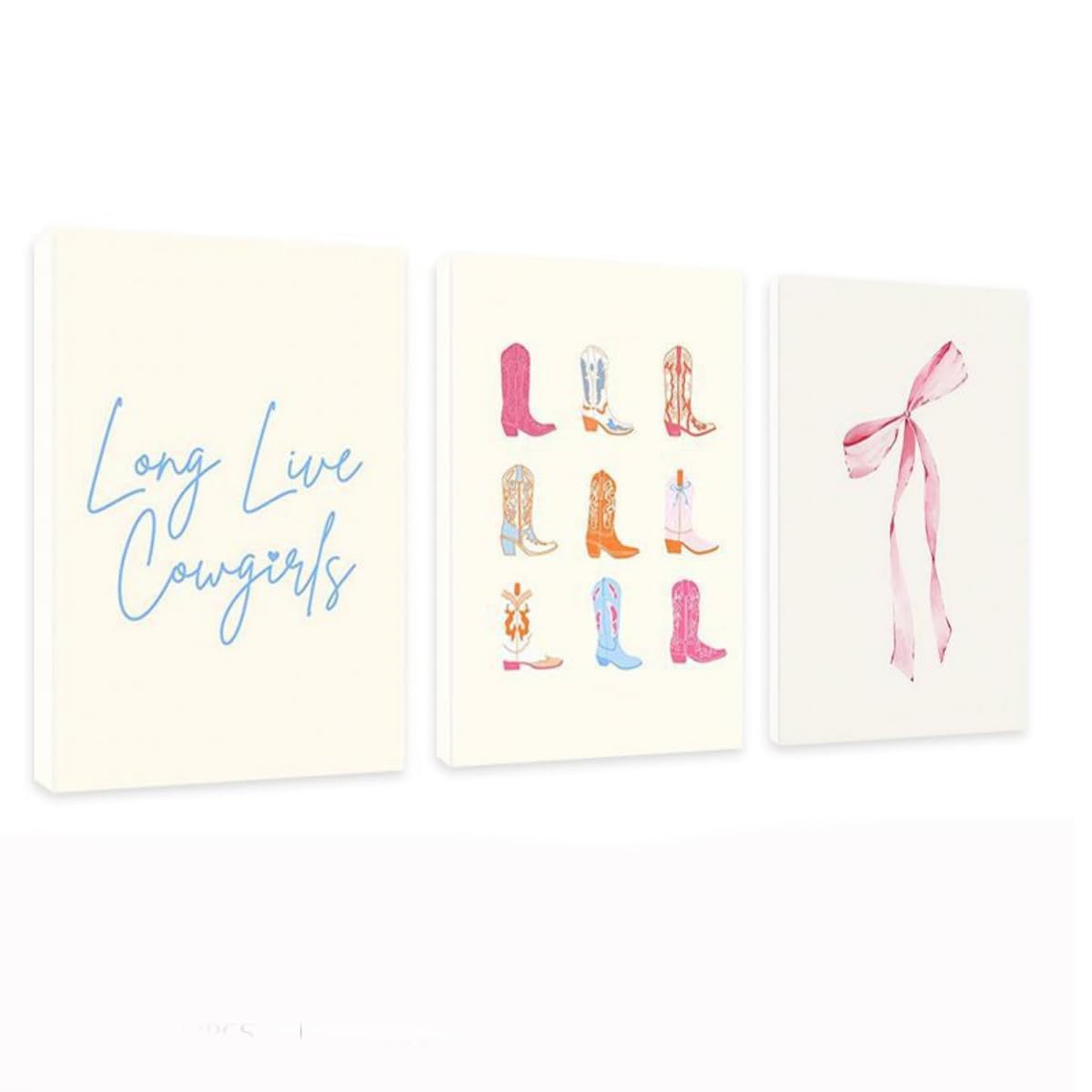 Kepuarm Women's Framed Long Live Cowgirls Canvas Wall Art, Pink Bow Coquette Poster,3Pcs Pink Preppy Coquette Bow Wall Art,Blue Yellow And Pink Cowgirl Boots Painting For Teen Girl Room Bedroom Bathroom 12X16in (Framed)