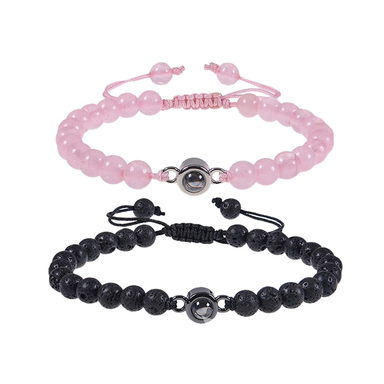 Schmuck Zestaw 2 bransoletek 6 mm Kamień naturalny Kocham Cię 100 języków dla niego i dla niej, Bransoletka surferska dla par, Świetny pomysł na prezent – ​​20 cm