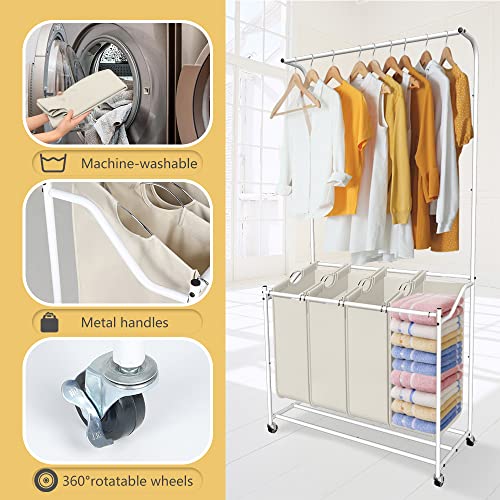 Luckup Laundry Sorter 4 Sections With Hanging Bar Rolling Laundry Cart Laundry Organizer Hamper Basket With Heavy Duty Lockable Wheels For Laundry Room Bathroom Bedroom, Beige (Beige) #TOP3