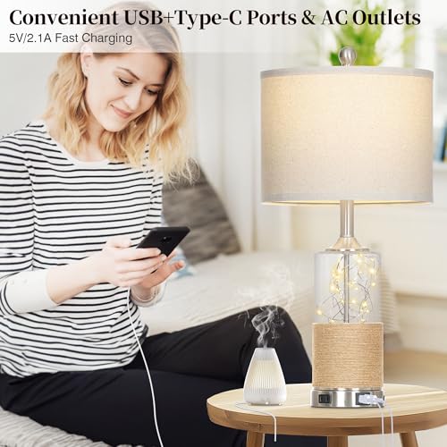25" Coastal Glass Lamps Set of 2, Touch Control 3-Way Dimmable Night Light Modern Table Lamp with USB A+C Ports & AC Outlets Linen Fabric Shade for Living Room Bedroom Silver Ocean(LED Bulbs Included) - Image 4