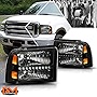LED DRL Headlights Assembly Set Compatible with 05-07 Ford F250-F350 SD | Headlamps with Black Housing Amber Corner