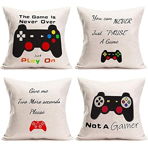 Qinqingo Vintage Black Video Game Controller Decorative Pillow Covers 4Pack Teen Gaming Throw Pillow Cases with Funny Quote Cushion Cover Cotton Linen Square Playroom Pillow Cases (Game, 20" x 20") Cover