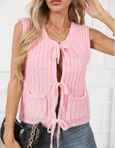 Image of Trendy Cardigan Sweater Vest Crochet Knit Top Sleeveless Bows with Pockets