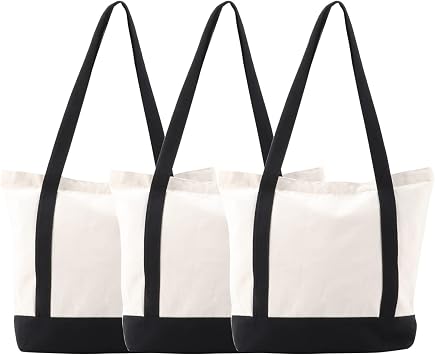 Blank Zipper Canvas Tote Bags 16.5"x14"x5" Reusable Cotton Cloth Bags 3Pcs