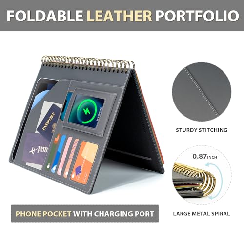 Image of Ospelelf Clipboard with Storage for Men Women, Leather Padfolio Portfolio Organizer 5 Folders with 10 Pockets, Spiral Clipboard Folio with Notepad for Letter Size, Elastic Closure and Pen Loop Grey