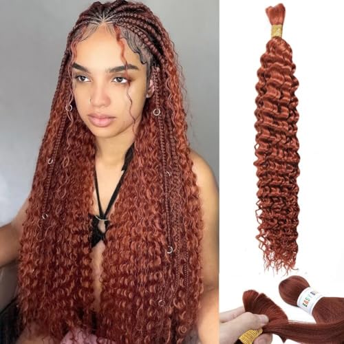 Dark Ginger Human Braiding Hair Deep Water Wave Bulk Human Hair 50g 28 Inch Color 350 Curly Human Hair for Boho Braids Hair Extensions No Weft 1 Braids Per Pack Wet and Wavy