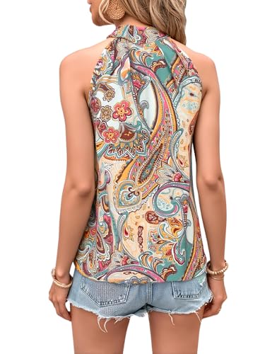 Image of RoseSeek Women's Tropical Paisley Halter Blouse Boho Shirt Vacation Tops