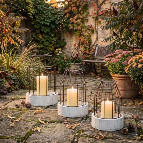 Rustic Farmhouse Lantern Decoration Set of 3, Modern Decorative Lanterns Indoor Outdoor, Metal Candle Holders for Porch Patio Fireplace Mantle Dining Room Table(Grayish White, Black)