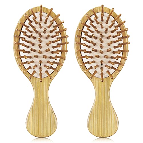 2 PCS Bamboo Detangler Mini Hair Brushes Travel Pack For Kids Gift No Wooden Bristles Hairbrush Massage Scalp For Curly Hair, Wet Dry Hair Tangle Brush