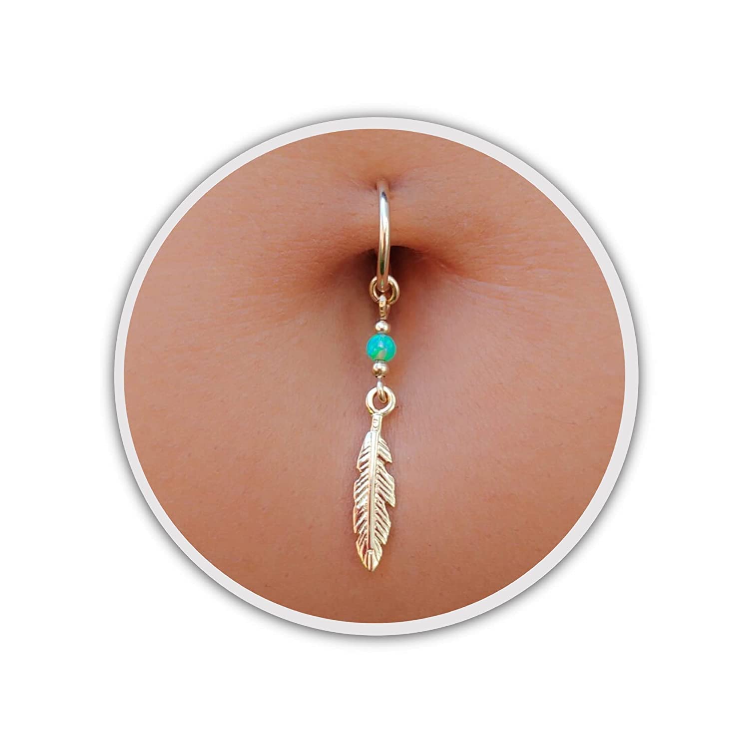 Belly Button Piercing Opal Feather Navel Ring Belly Button Hoop 16G Gold Belly Button Ring Belly Button Jewelry (Blue Opal, Silver 8mm)