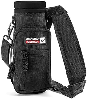 Water Bottle Carrier by Wild Wolf Outfitters | Holder with Adjustable Strap and 2 Pockets for Hands-Free Walking and Hiking | Black, 750 ml