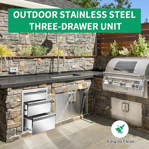 Image of OuOutdoor Kitchen Drawers 18 inch W x 23 inch H x 23 inch D Stainless Steel Triple Drawers with Hidden Handle for BBQ Island, Patio Grill Station & Outdoor Kitchen Cabinets