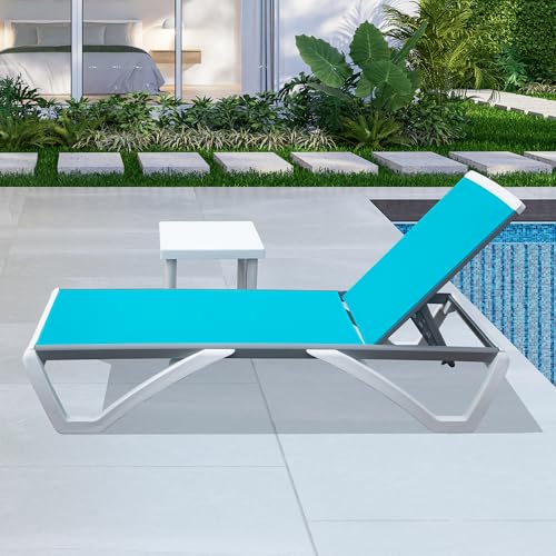 Image of Domi Outdoor Lounge Chair, Aluminum Patio Chaise Lounge with 5 Position Adjustable Backrest and Wheels, All Weather Reclining Chair with Side Table for Patio, Yard,Balcony,Poolside (Lake Blue)