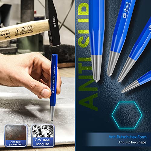 S&R Ankörner-Satz 4 tlg: 3, 4, 5, 6 mm, CrV-Stahl/MADE in GERMANY/geschmiedet und gehärtet, schlagfest, in stabiler Kunststoffbox