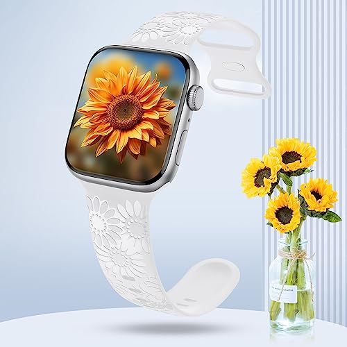 Image of Sunflower Engraved Band Compatible with Apple Watch Bands 38mm 40mm 41mm 42mm 44mm 45mm 49mm Women, Designer Soft Glossy Floral Silicone Strap for iWatch Series Ultra 11 10 9 8 7 6 SE 5 4 3 2 1