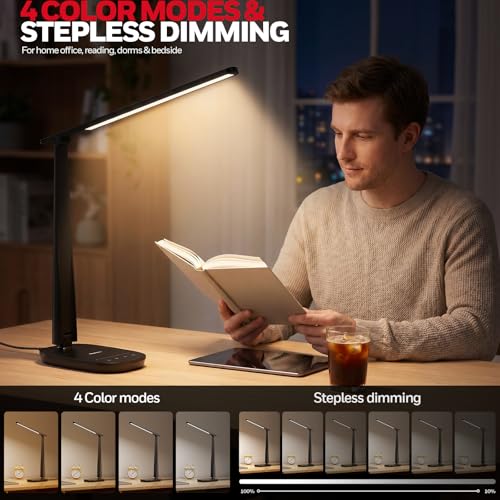 Image of Honeywell LED Desk Lamp for Home Office, Eye-Caring Dimmable Reading Light with 4 Color Modes, Touch Control, USB-A & USB-C Charging Ports, Adjustable Head, Timer for Bedroom & Small Desks