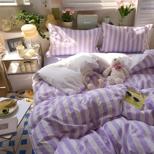 Image of EAVD Retro Purple Striped Duvet Cover Full Soft Washed Microfiber Boho Purple and White Striped Bedding Set with 2 Pillowcases Farmhouse Reversible Geometric Duvet Cover with Zipper Closure