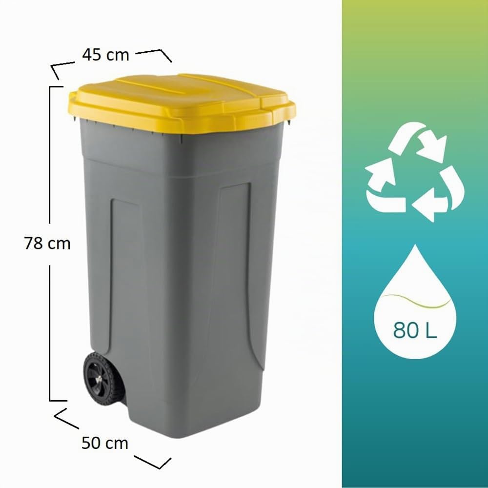 PALUPLUS Bidone Pattumiera con Ruote da 80 Litri, Misura, 45x50x78 cm, Coperchio Chiusura a Clip, Maniglia e Fermasacco a 4 Fissaggi, Secchio per Rifiuti Differenziati -80F-6,7 (Giallo)