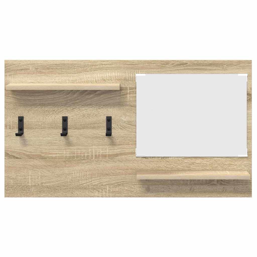 Sonoma Oak Wall Mounted Shelf with Mirror and Hooks | Made of engineered wood measuring 35.4x3.9x19.7 inches, featuring 2 storage ledges for entryway or bathroom organization.