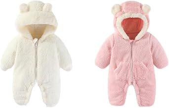 AiWMGL 3-6 Months Newborn Baby Bear Outfit Suit Girls Boys Winter Fleece Clothes Hooded Romper Snowsuit With Fold-Over Mittens Footies