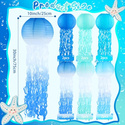 Image of Gradient Blue Jellyfish Paper Lanterns, Under The Sea Party Decorations, Hanging Jelly Fish Paper Lanterns for Mermaid Theme Party Ocean Theme Birthday Decorations Baby Shower Baby Room, 12pcs
