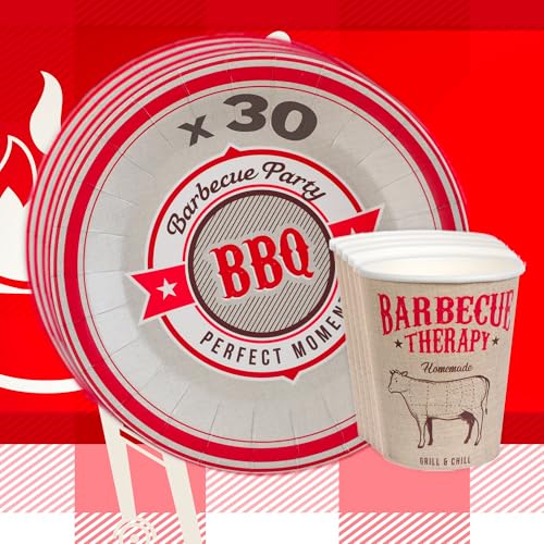Pack vaisselle barbecue carton 30 personnes – 30 assiettes et gobelets 27 cl en carton - Design vintage BBQ - Parfait pour garden parties, pique-niques, anniversaires et événements en extérieur