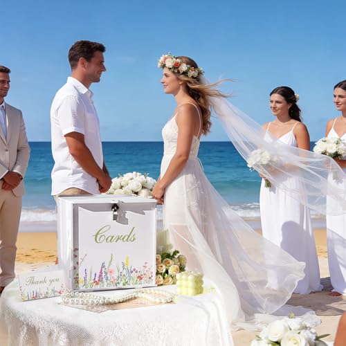 Image of OurWarm White Wedding Card Box with Lock, PVC Gift Card Box for Wedding Decorations Reception, Money Gift Boxes for Party Baby Shower Anniversary Bridal Graduation Decor