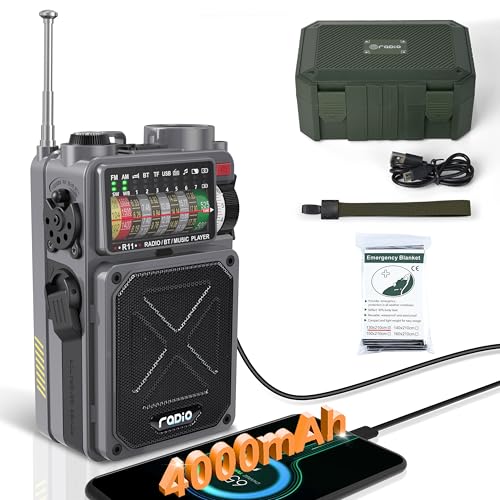 Emgykit R11 Portable Shortwave Radio - 4000mAh/14800mWh NOAA/SW/AM/FM, Solar/Hand Crank/USB Charging, Bluetooth Receiver/USB/TF Playback,with Compass,Flashlight,SOS for Camping & Emergencies - Grey