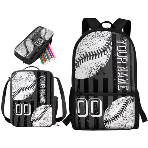 Name Customized Schoolbag Set Baseball Print Bookbag Set with Lunch Box, American Flag Print Backpack and Pencil Case Set for Nursery Primary Middle, Back to School Supplies