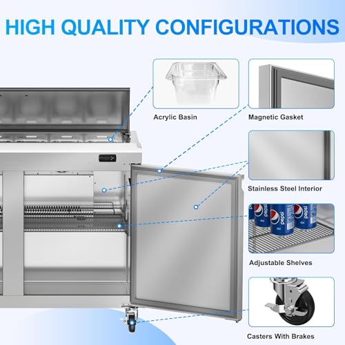 Image of Rockitch 48 inch W Commercial Sandwich Prep Table Refrigerator, 13.8 Cu.ft Stainless Steel Sandwich Prep Table with 12 Pans, 2 Doors Fan Cooling Salad Prep Station for Restaurant Food Prep, ETL Approved