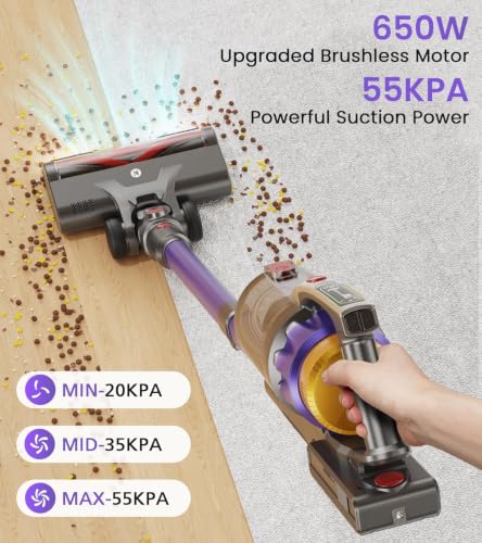 Image of NADALY Cordless Vacuum Cleaner, 55KPa 650W 70-Min Vacuum Cleaners for Home, Anti-Tangle Brush, 1.8L Capacity, Lightweight Stick Vacuum Cleaner Pet Hair Hardwood Floors Carpet